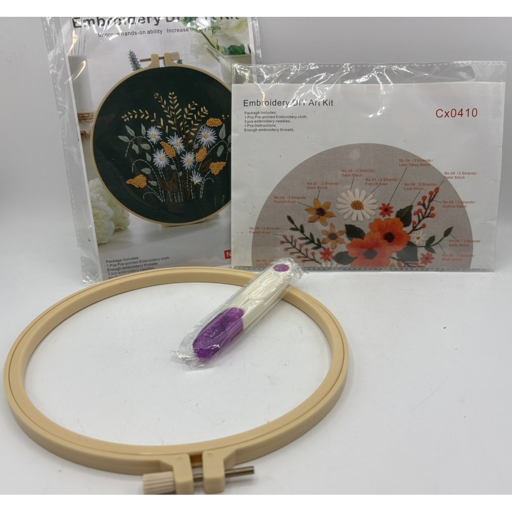 2 Embroidery Kits NEW Florals, Includes Hoop, Needles, Thread, Printed Cloth